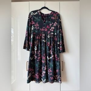 Floral V-Neck Black Midi Dress with Pink Accents